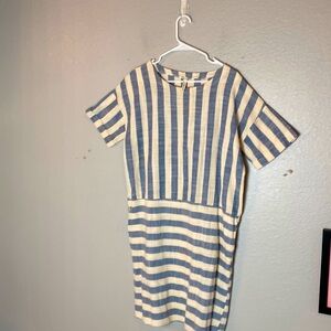 Love In Blue and Cream Drop Waist Strip Dress.  Size Medium